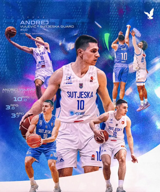 Grafika Andreja Vulevića u dresu KK Sutjeska, prosjek do povrede: 10 poena, tri skoka i 3,7 asistencija po utakmici. Autor: @bodzigfx / Instagram.