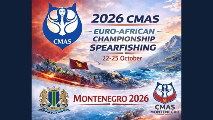 Zvanična CMAS najava prvenstva u Baru 2026, plakat u cjelosti vidljiv i prilagođen 16:9 bez odsijecanja.