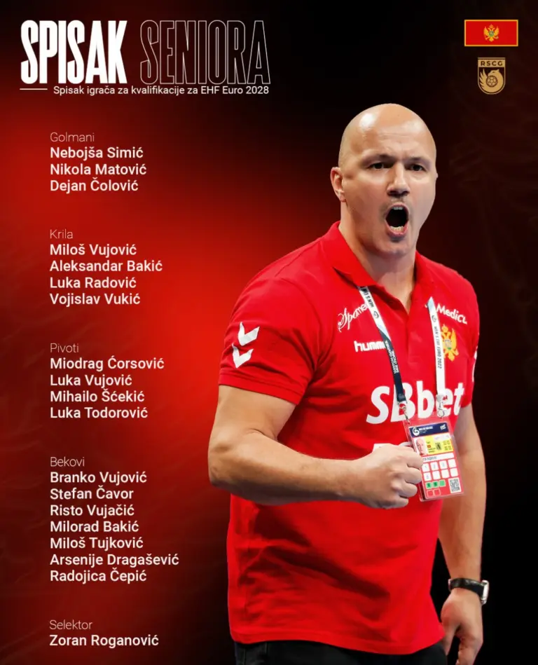 Zvanični vizual Rukometnog saveza Crne Gore sa selektorom Zoranom Roganovićem i spiskom seniora za početak kvalifikacija za EHF Euro 2028. Foto i dizajn: Rukometni savez Crne Gore.