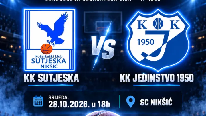 Zvanični matchday vizual KK Jedinstvo za utakmicu Sutjeska Elektroprivreda – Jedinstvo 1950 Meridianbet, prvo kolo Crnogorske košarkaške lige, 28. oktobra 2026. u 18 časova u Nikšiću. Izvor: KK Jedinstvo 1950.
